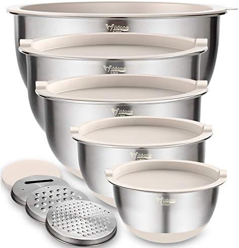 Mixing Bowls Set of 5, Wildone Stainless Steel Nesting Bowls with Khaki Lids, 3 Grater Attachment... | Amazon (US)