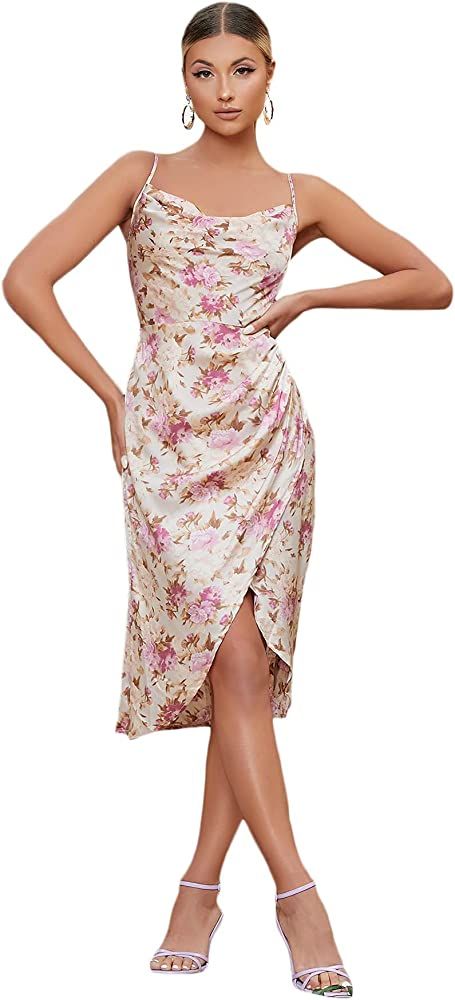 Floerns Women's Floral Print Cowl Neck Ruched Spaghetti Strap Satin Slit Party Dress | Amazon (US)
