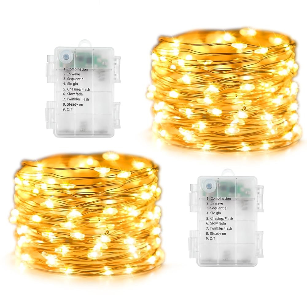 2 Pack Fairy Lights Battery Operated, 200 LED 66Ft Silver Wire Twinkle Light Auto Timer Mini Stri... | Amazon (US)