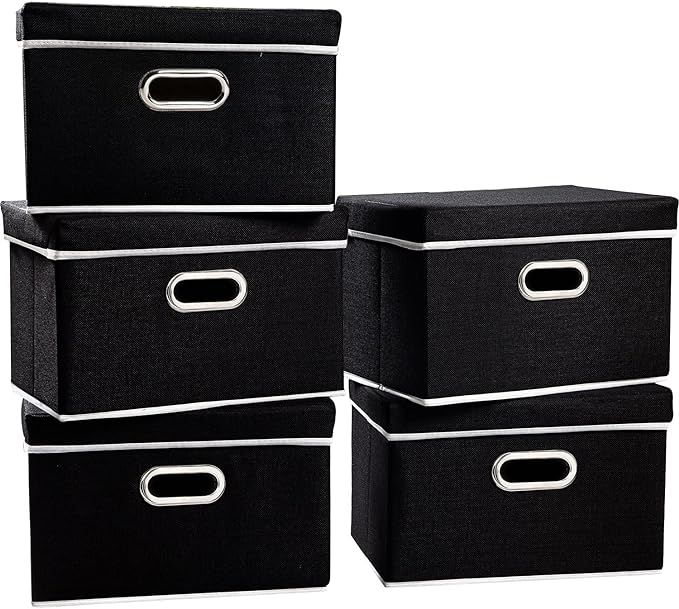 PRANDOM Foldable Storage Bin with Lid [5-Pack] Linen Fabric Decorative Storage Box Organizer Cont... | Amazon (US)