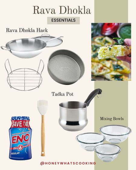 Rava Dhokla essentials. I don’t own fancy Dhokla equipment like my mom, so this hack works great for me. A wok, trivet, and a cake pan. Also linking the tadka pot. #cooking #kitchen 