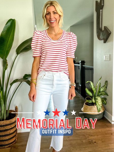 Memorial Day look with a white flare jeans and a puff sleeve top 

#LTKstyletip #LTKFind #LTKSeasonal