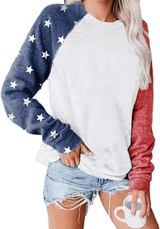 Star Print Colorblock Shirt Womens Long Sleeve American Flag 4th of July Pullvoer Blouse Tops | Amazon (US)