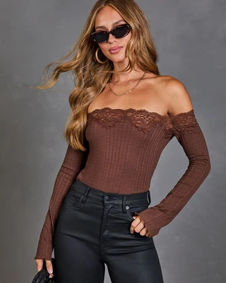 Orchard Girl Knit Off the Shoulder Lace Trim Top Brown / L | VICI