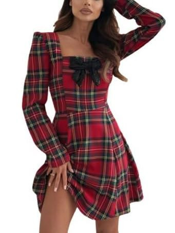 Women's Red Plaid Bow-Tie Dress Square Neck Long-Sleeve Fitted Mini Spring Dress Flowy A Line Party Dress | Amazon (US)
