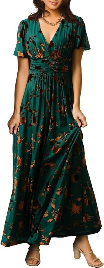 Simplee Women Boho Floral Maxi Dress Flowy Casual V Neck Short Sleeve Wedding Guest Holiday Beach... | Amazon (US)