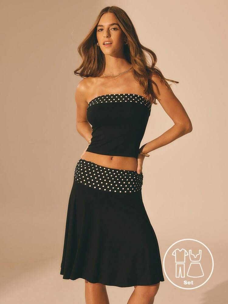 Aralina Women's 2pcs Contrast Polka Dot Fitted Strapless Bandeau Top And Ruched Side Flowy Midi Skirt Set Polka Dot Top Polka Dot Skirt Summer Vacation Outfit Spring Outfit Wedding Guest Outfit Festival Outfit Casual Women Outfit | SHEIN