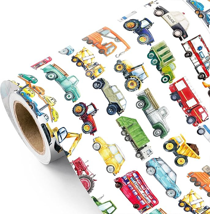 WRAPAHOLIC Construction Truck Wrapping Paper Roll - Mini Roll - 17 Inch x 16.5 Feet - Fun Trucks,... | Amazon (US)