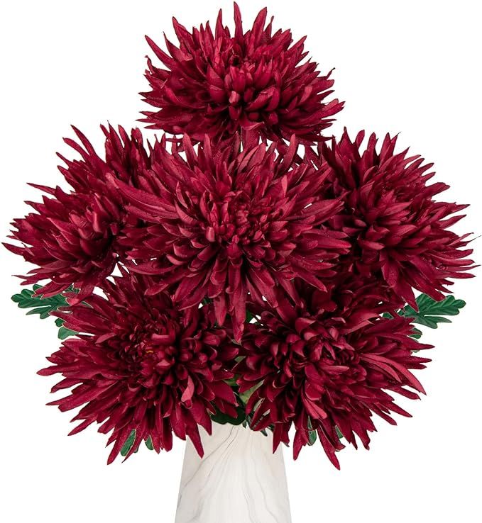 Hollyone 6Pcs Large Red Artificial Mums Flowers Chrysanthemum Silk Flowers 25.6" Spring Long Stem... | Amazon (US)