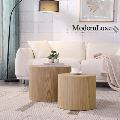 Set of 2 Nesting Coffee Table Cocktail Table Round Center Table Accent Table Sofa Side Table, Oak - ModernLuxe | Target