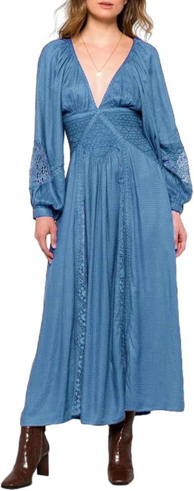 Women's V Neck Lace Patchwork Boho Cutout Loose Swing Long Sleeve Tie Waist Cocktail Wedding Part... | Amazon (US)