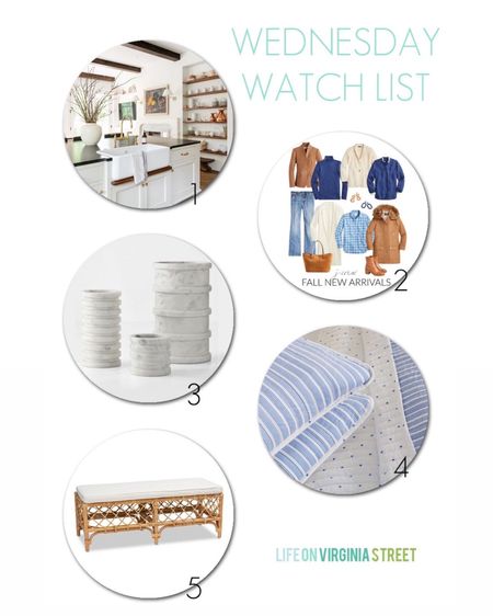 This week’s Wednesday Watch List includes some of my favorite fall outfits that are all on sale, some striped Carrara marble vases, a Serena & Lily look for less reversible quilt, and a S&L style bench that’s finally back in stock! Get all the details here: https://lifeonvirginiastreet.com/wednesday-watch-list-384/.
.
#ltkhome #ltksalealert #ltkseasonal #ltkunder50 #ltkunder100 #ltkstyletip #ltkworkwear

#LTKhome #LTKsalealert #LTKSeasonal