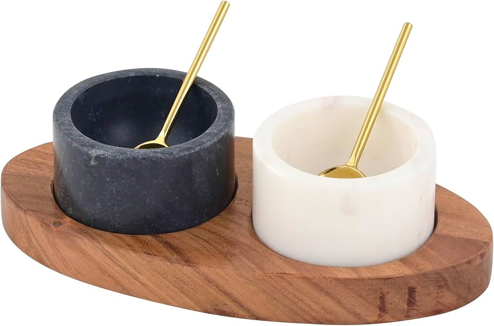 Cruiser’s Caché Marble Salt Cellars Set of 2 with Gold Spoons and Wood Tray | One each White a... | Amazon (US)