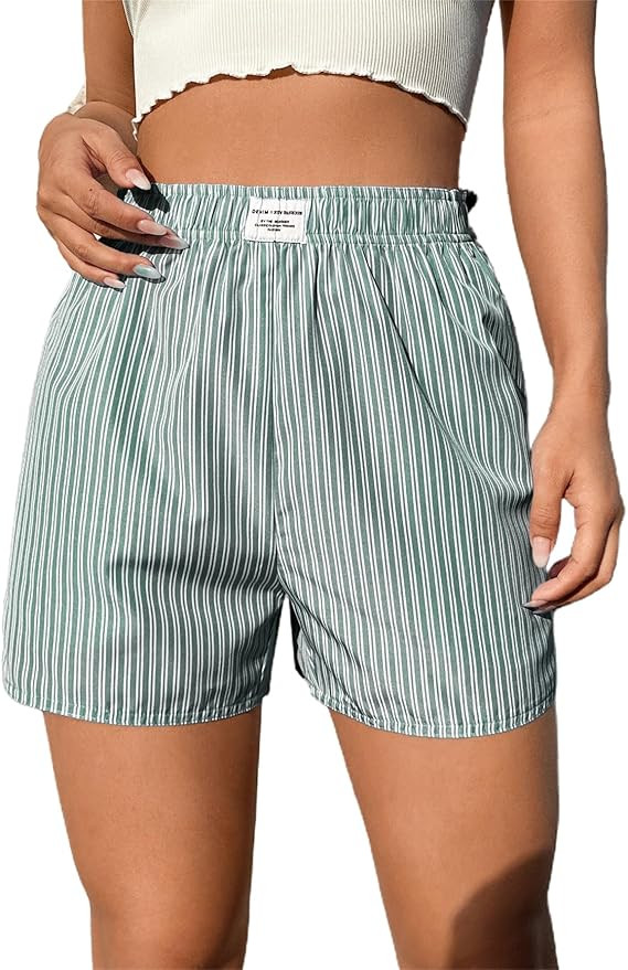 OYOANGLE Women's Summer Casual Striped Print Elastic Waist Mid Rise Straight Leg Shorts | Amazon (US)
