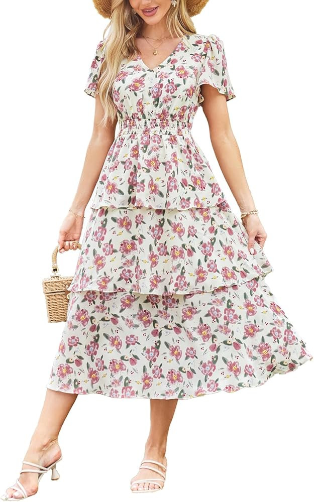 GRACE KARIN Women's 2024 Floral Summer Long Midi Dress V Neck Short Sleeve Ruffle Tiered Layered ... | Amazon (US)