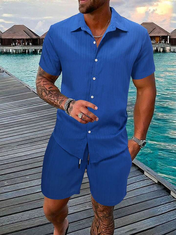 Manfinity Homme 2pcs/set Men's Solid Color Short Sleeve Shirt And Shorts | SHEIN