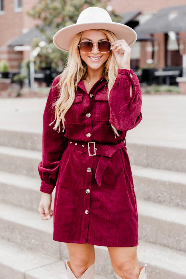 No Expectations Wine Corded Long Sleeve Belted Mini Dress | Pink Lily