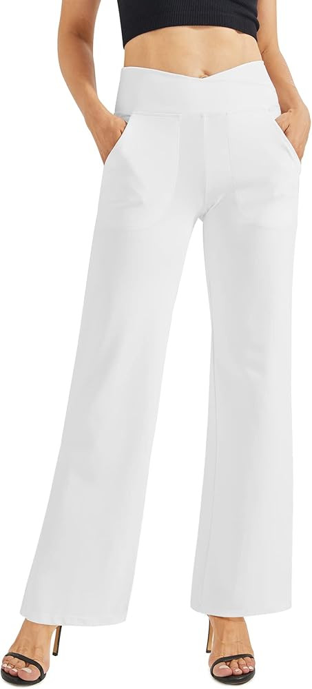 G4Free Womens Wide Leg Pants Stretch Flare Dress Pants Cross High Waist Capris Crops with Pockets fo | Amazon (US)