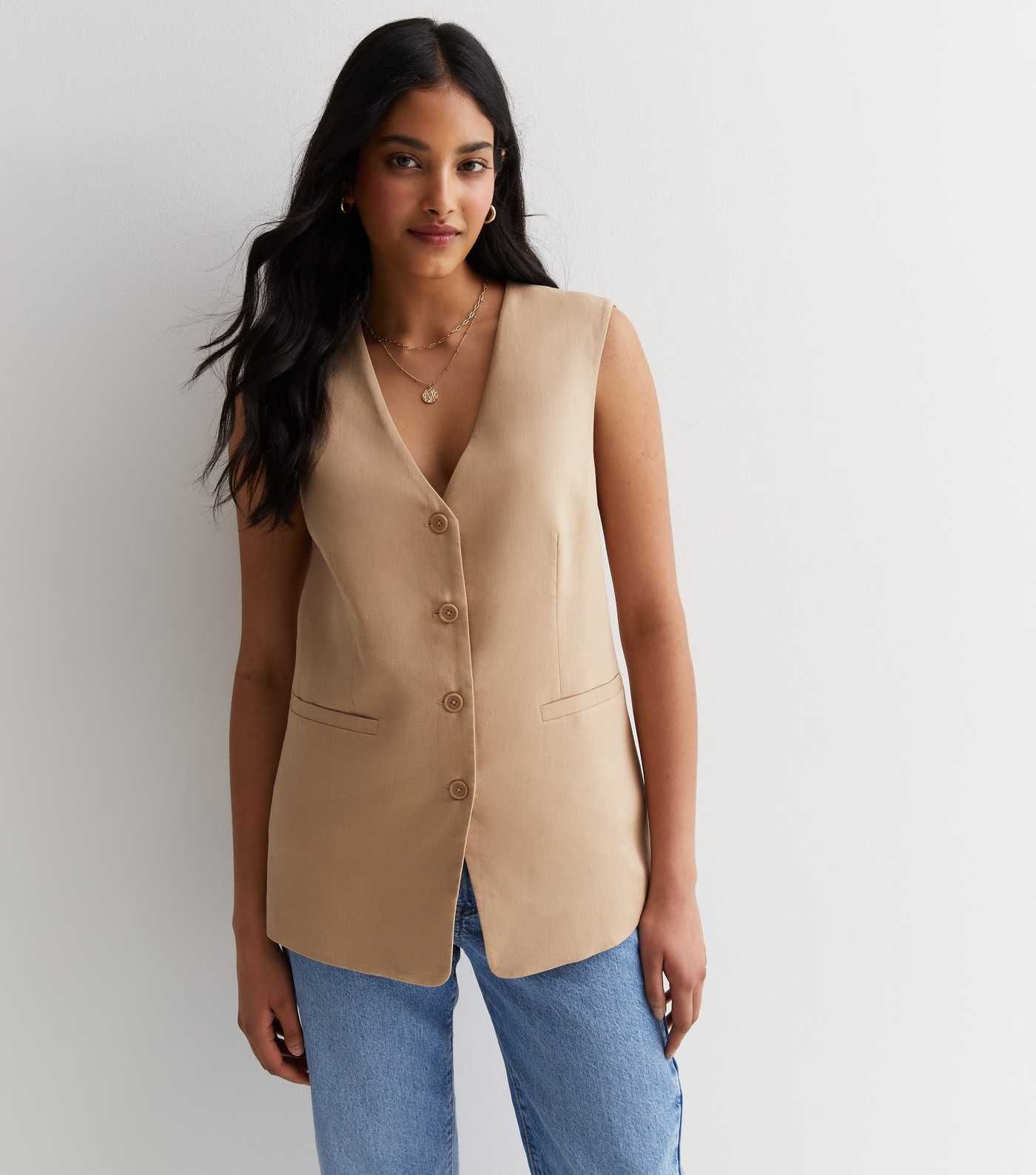 Stone Linen Blend Longline Waistcoat
						
						Add to Saved Items
						Remove from Saved Item... | New Look (UK)