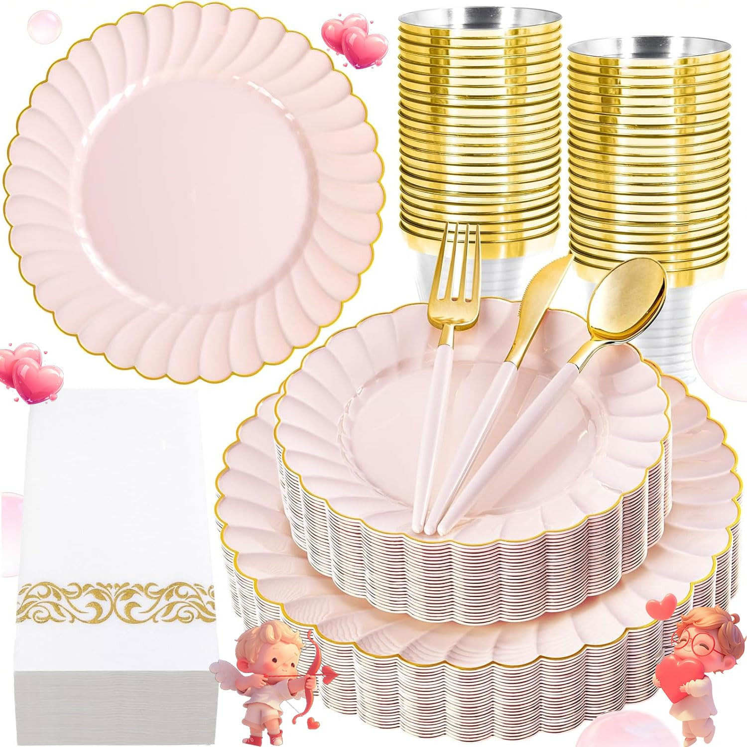 Ciaell 175 PCS Pink Scalloped Plastic Plates with Gold Trim - Pink Plastic Silverware with Handle... | Amazon (US)