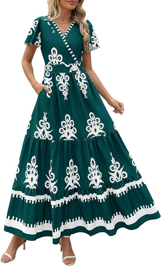 PRETTYGARDEN Womens 2026 Summer Casual V Neck Boho Maxi Dress Flowy Aline Bell Sleeve Tiered Flor... | Amazon (US)