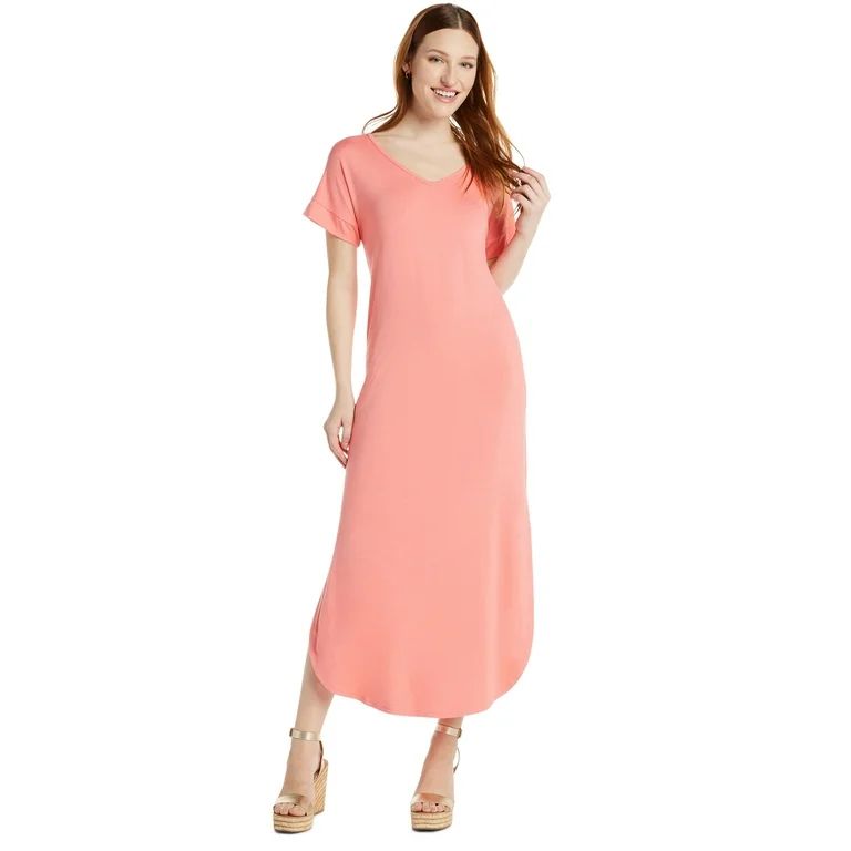 Time and Tru Women's V-Neck Knit Maxi Dress with Short Sleeves, Sizes XS-XXXL | Walmart (US)
