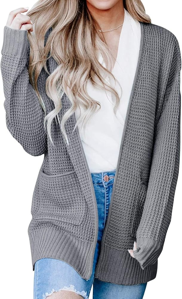MEROKEETY Womens Long Sleeve Waffle Knit Cardigan Open Front Side Slit Sweater | Amazon (US)