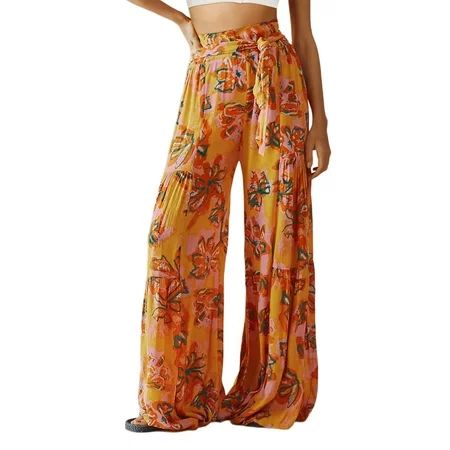 Women See Throug Flare Cover up Pants Swimsuit Cover up Boho Printed Palazzo Lounge Wide Leg Flowy P | Walmart (US)