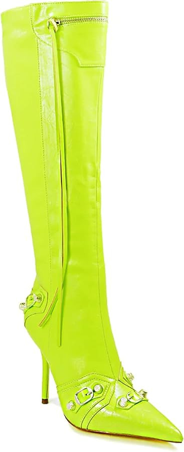 Liliana Womem Knee High Boots Pointed Toe Stiletto Heels Side Zipper Rivets Tassels Boots Bexie-3 | Amazon (US)