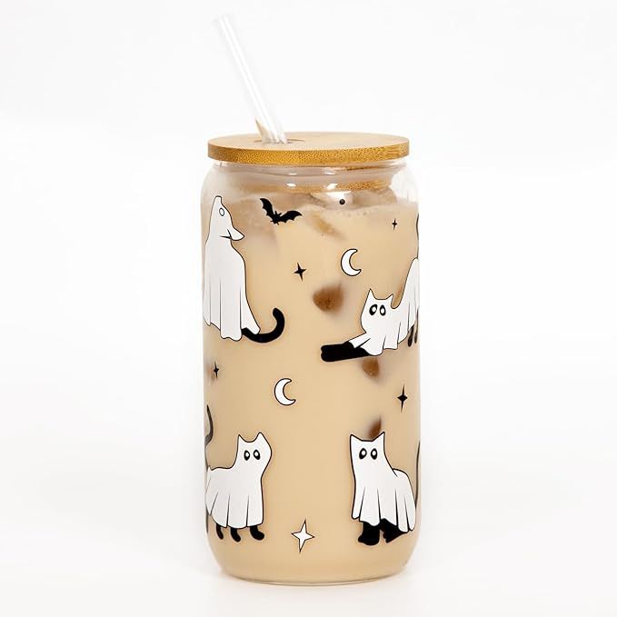 Halloween Iced Coffee Can Glass, 18oz Halloween Cute Ghost Cat Glass Cup with Lid and Straw, Hall... | Amazon (US)