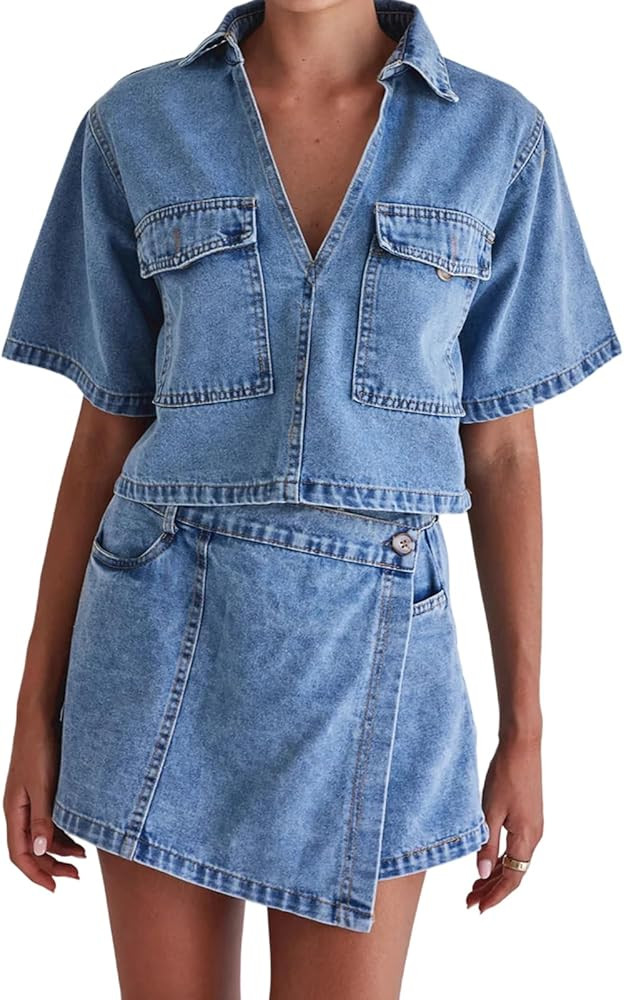 Women's Denim 2 Piece Outfits Summer Lapel V Neck Jean Tops and Asymmetrical Shorts Set with Pock... | Amazon (US)