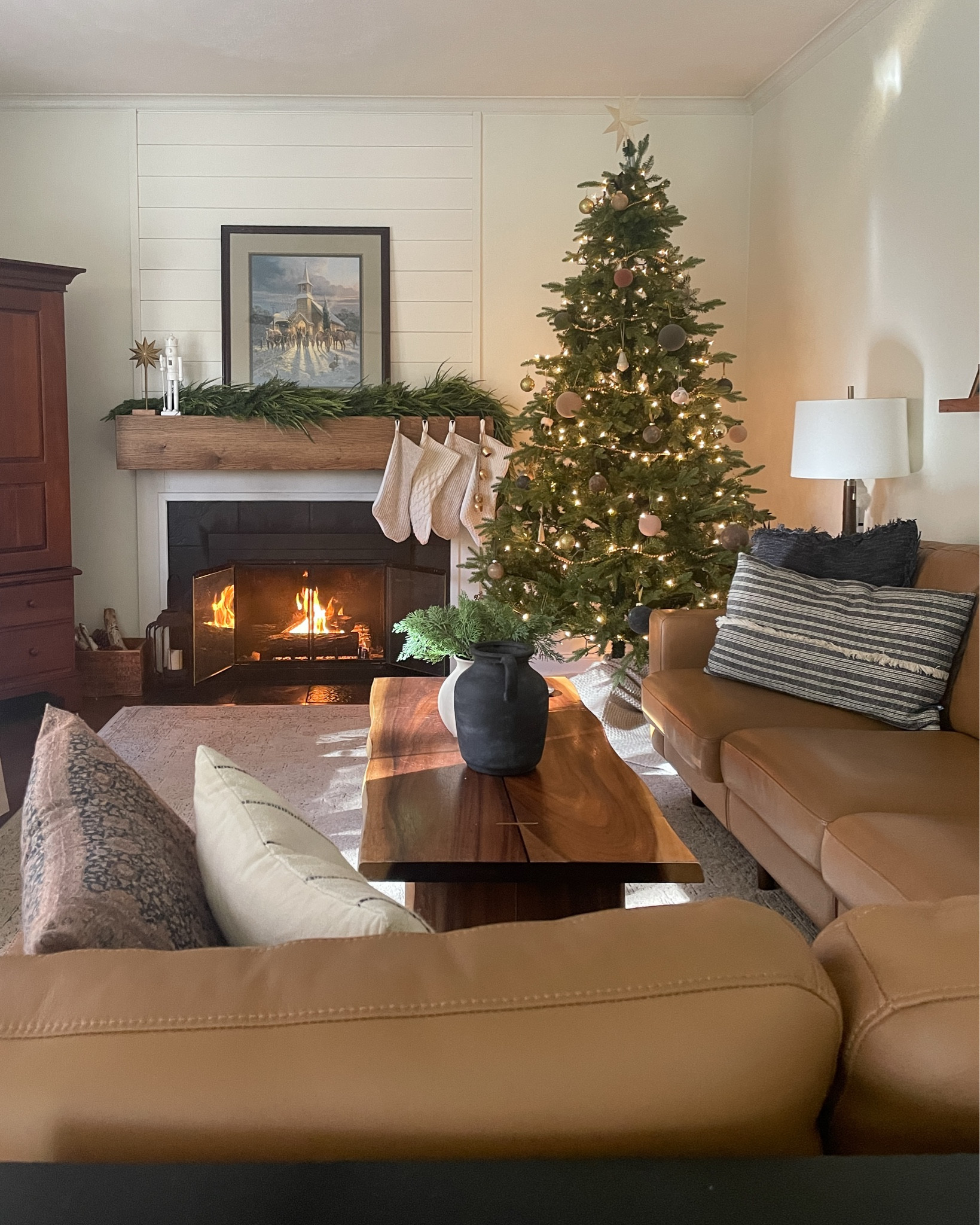 Our cozy Christmas family room is full of cozy huge Christmas decor.  