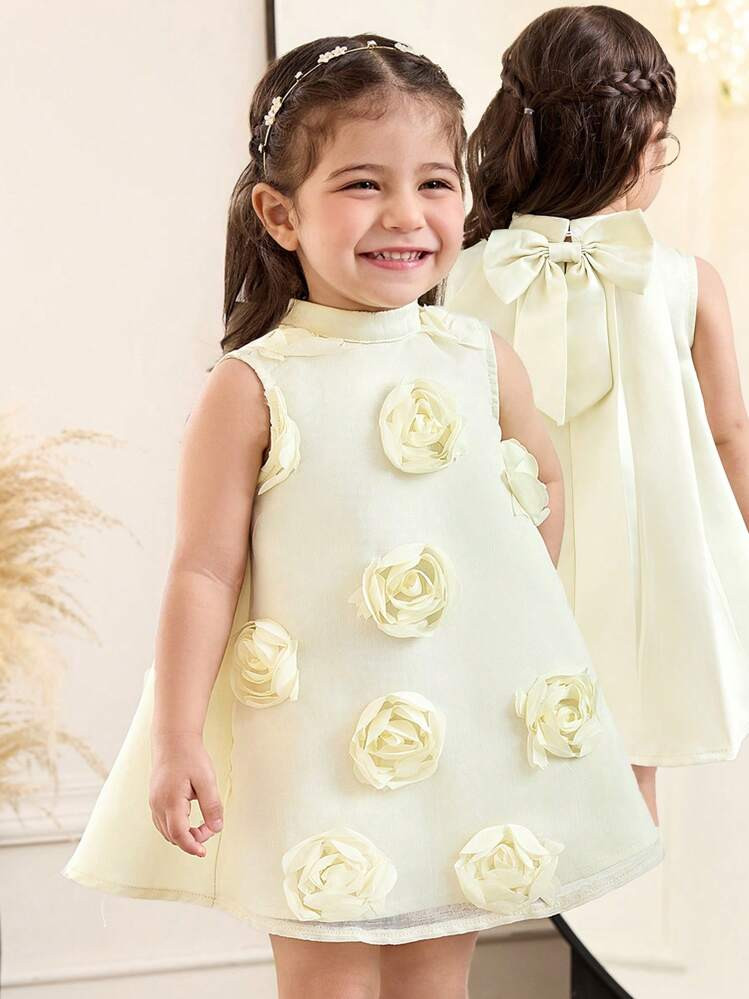 Baby Girl Elegant & Sweet Cute 3D Flower Back Ruched Big Bow Decor Stand Collar Sleeveless Dress,... | SHEIN