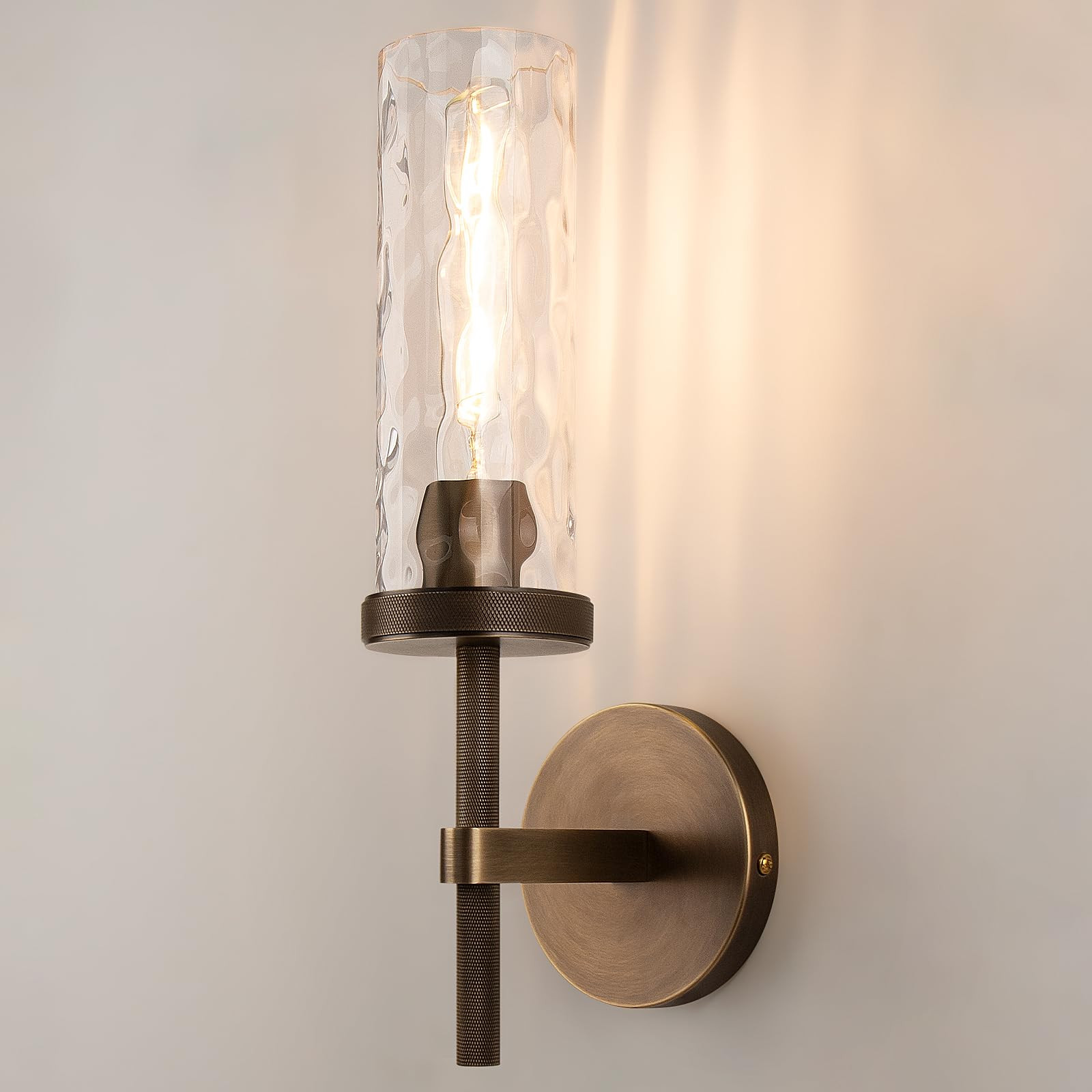 15" Knurled Brass Wall Sconce with Water Ripples Glass Tube, Bronze Bathroom Vanity Light Fixture... | Amazon (US)