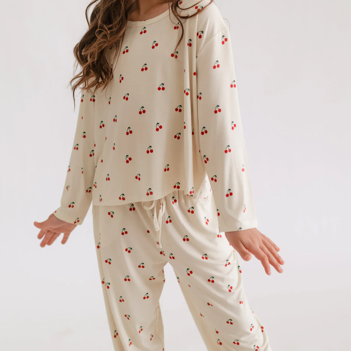 Girl's Long Sleeve and Pants Set in Cream Cherries | Silks Design