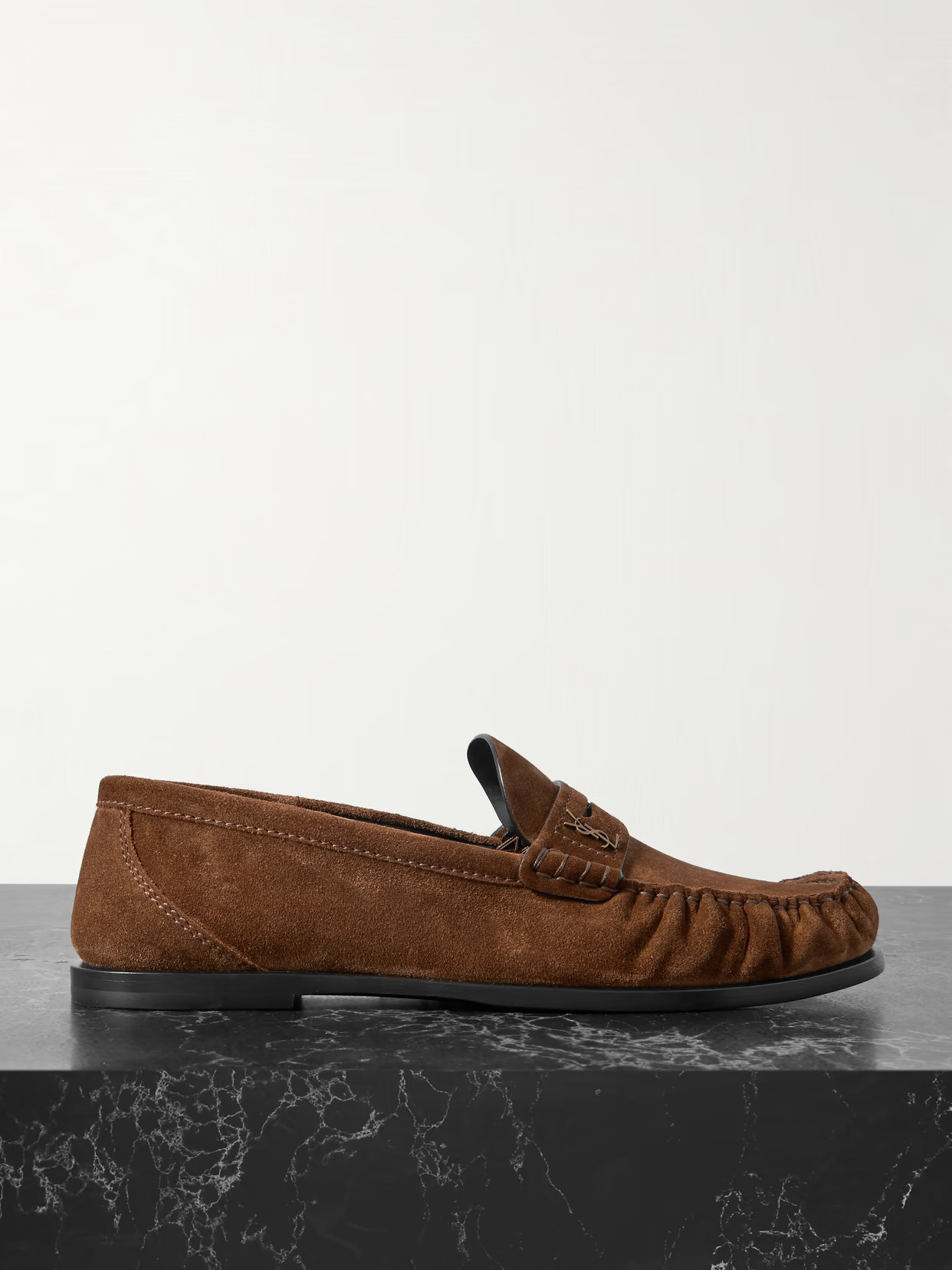 SAINT LAURENT - Laurent Logo-embellished Suede Penny Loafers - Brown | NET-A-PORTER (US)