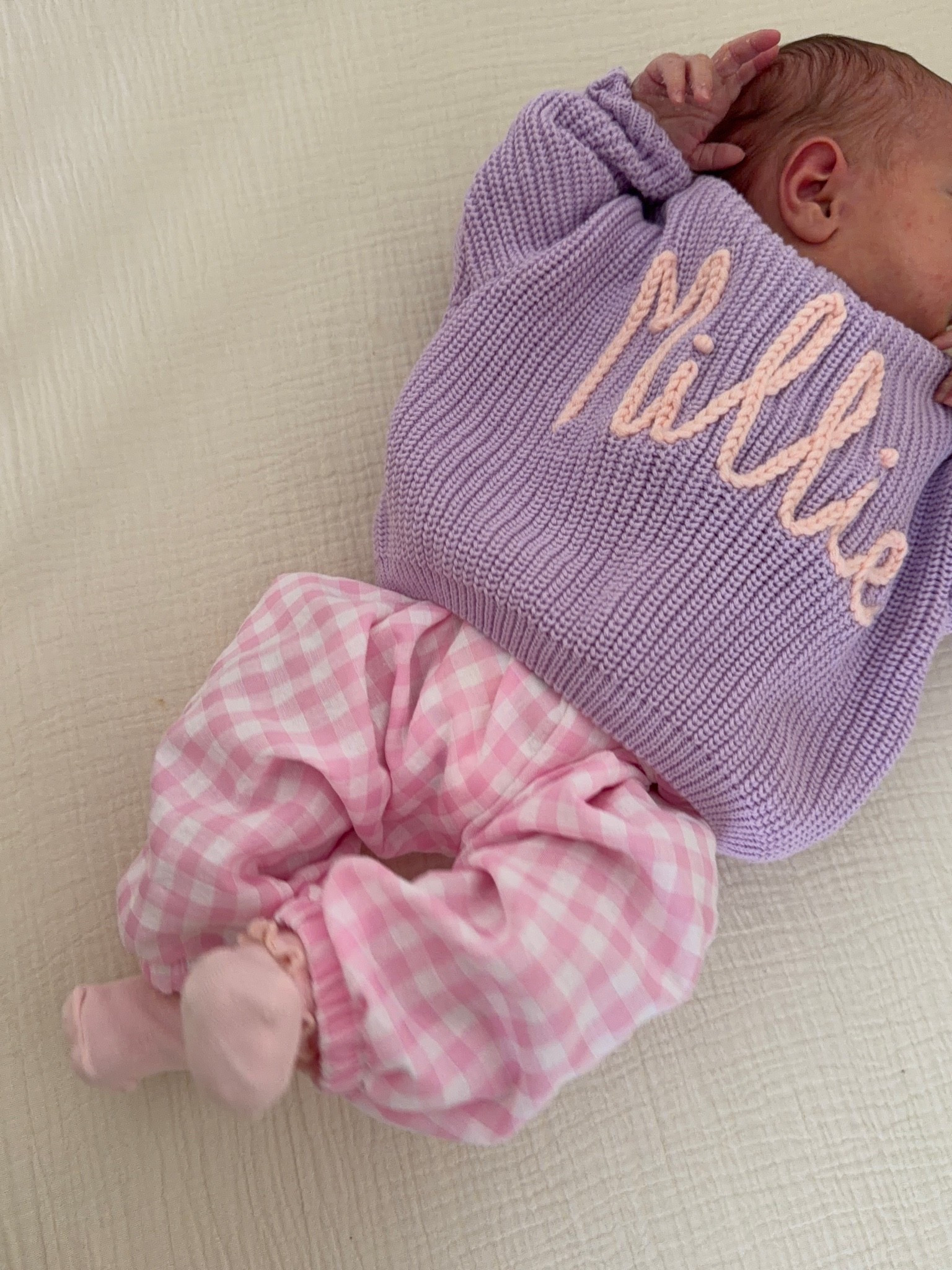 Cutest newborn baby girl outfit 🥹🎀💘 Sweater is custom you can pick the sweater color and yarn for the name!! Pants are Amazon 0-6mo sizing and we rolled the top they’re lightweight and soft. Amazon newborn socks! 

#newborn #babygirl #bresheppard #customnamesweater #namesweater #etsy #amazon

#LTKKids #LTKBaby #LTKBump