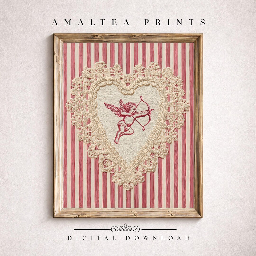 Vintage Valentine Cupid Lace Embroidered Heart Wall Art, Pink Striped Valentines Decor (digital D... | Etsy (US)