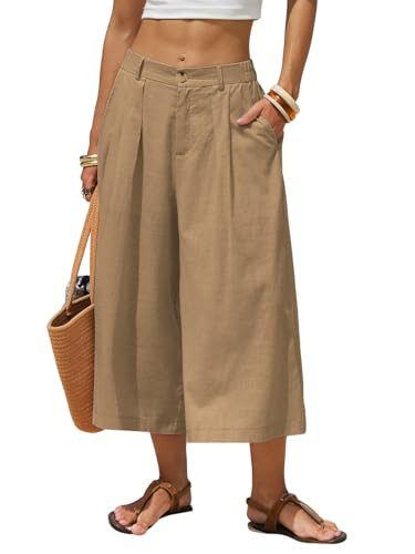 EXLURA Womens Linen Capri Pants Summer Wide Leg Palazzo Pant Cotton Dressy Casual Cropped Gaucho ... | Amazon (US)