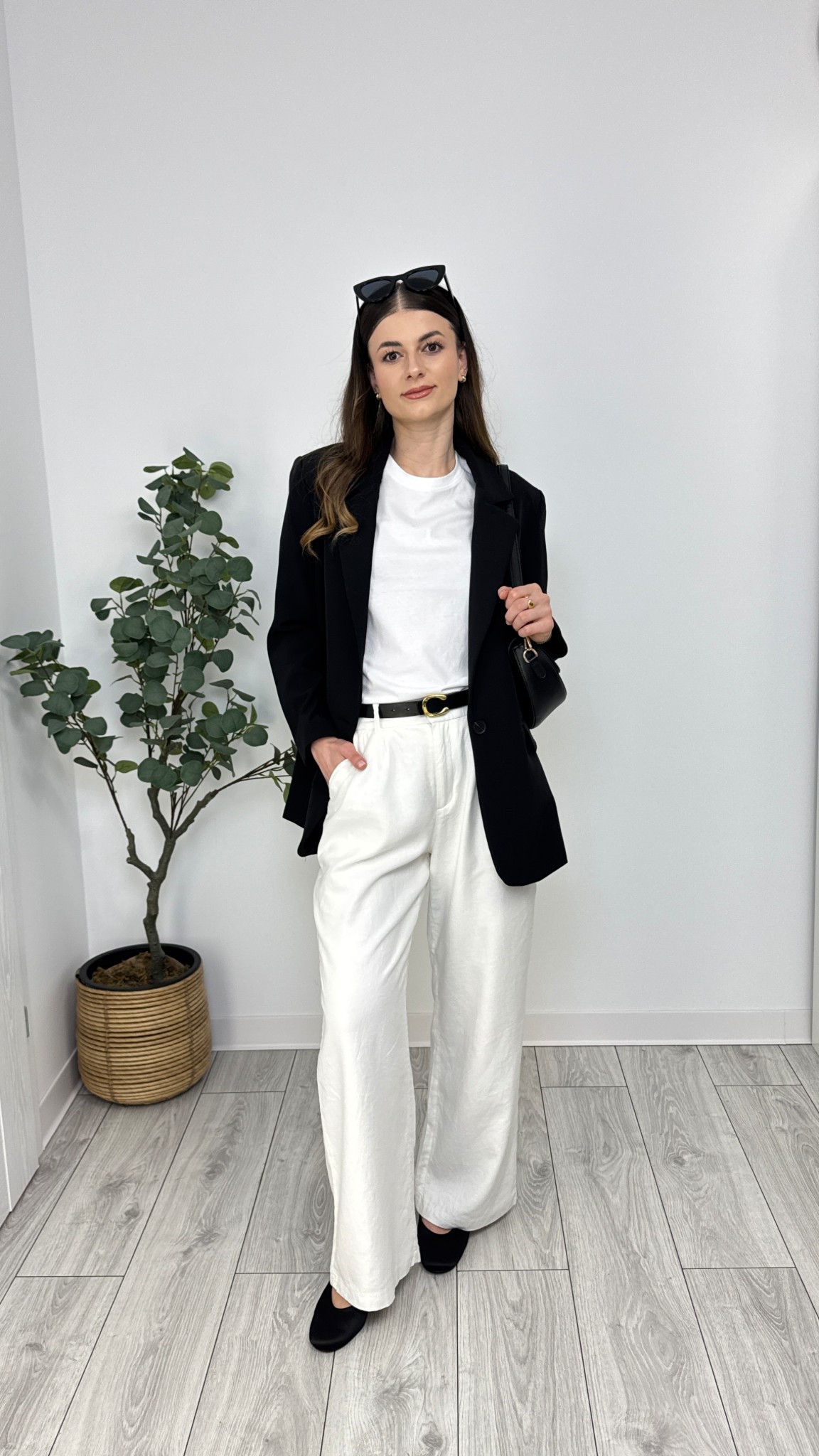 Crisp white wide-leg trousers paired with a classic white tee create a clean base, elevated by a structured black blazer and matching accessories. Minimal and totally timeless 🤍 #IlaStylesDiary 

#LTKworkwear #LTKeurope #LTKspring
