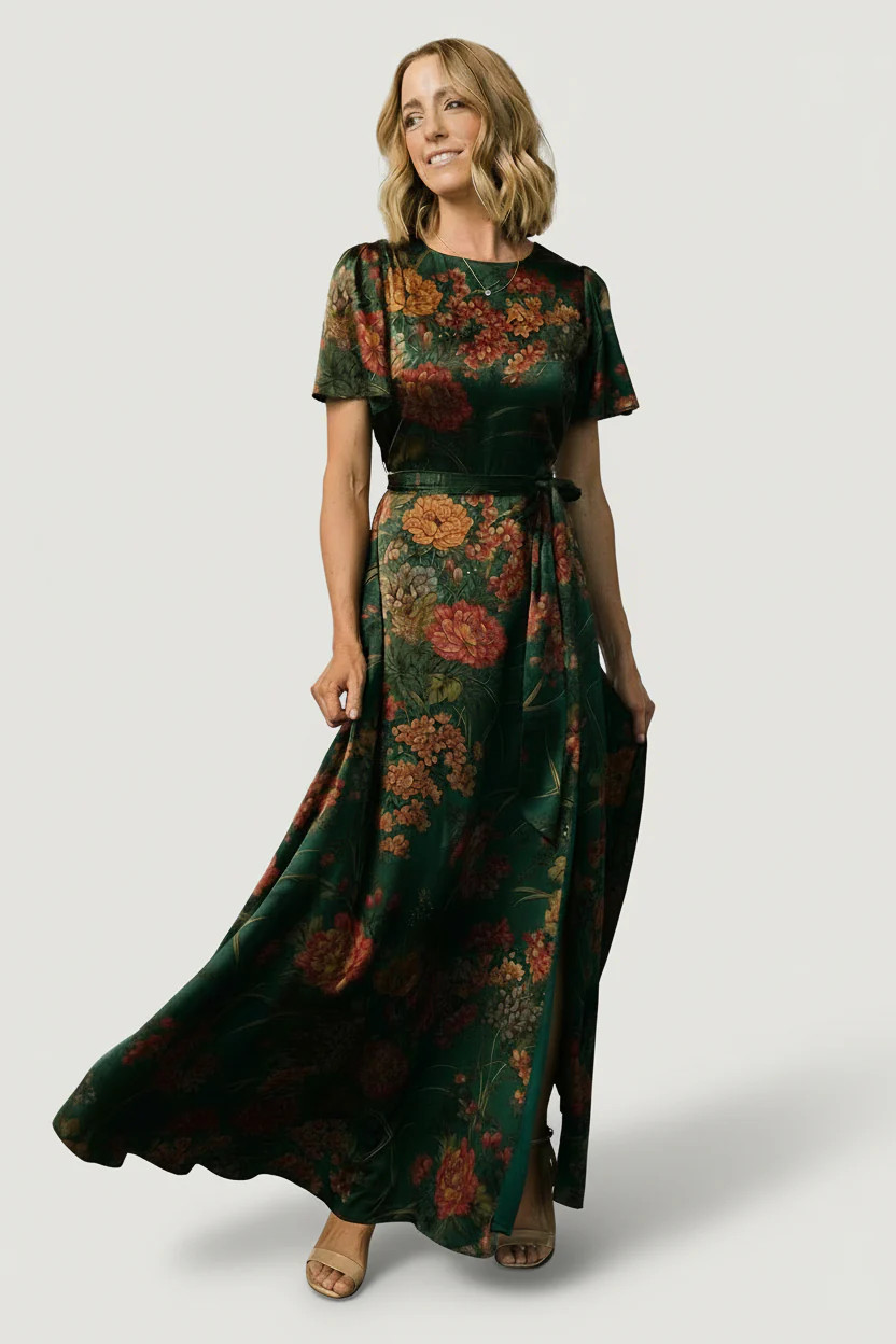 Agnes Satin Maxi Dress — Dark Green Floral | Baltic Born | Baltic Born