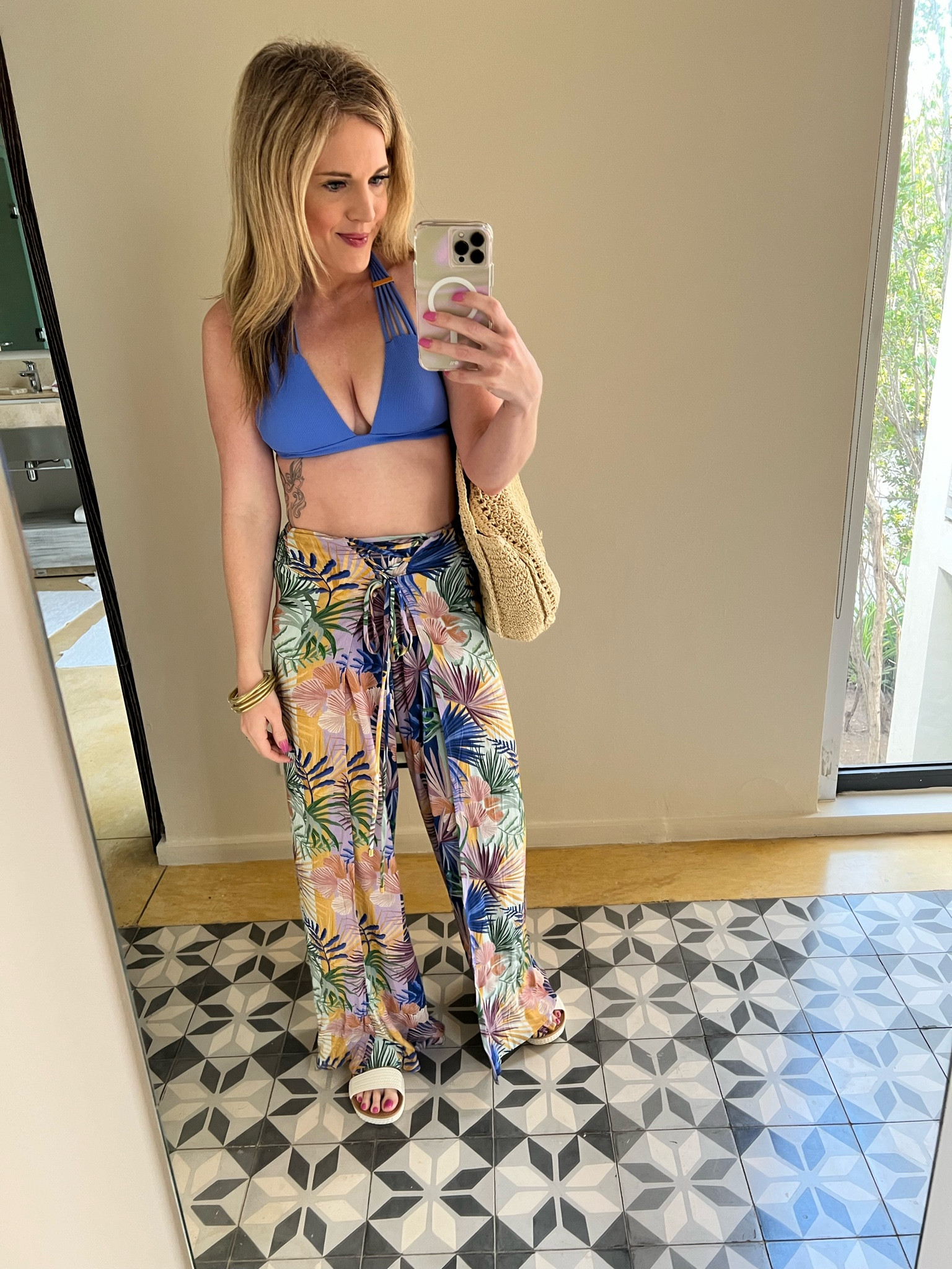 Spring beach look 
Summer beach look 
Spring break style 
Palm print 
Cover up flare pants 
Linen pants 
Becca swim 
Purple swimsuit 

#LTKswim #LTKSpringSale #LTKtravel