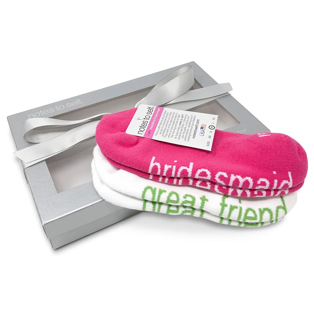 I am beautiful™ - bridesmaid + I am a great friend® socks in silver gift box | notes to self