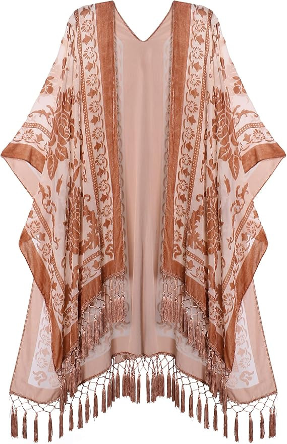 MJ SERECA Women's Burnout Velvet Kimono Long Cardigan Cover Up with Tassel | Amazon (US)