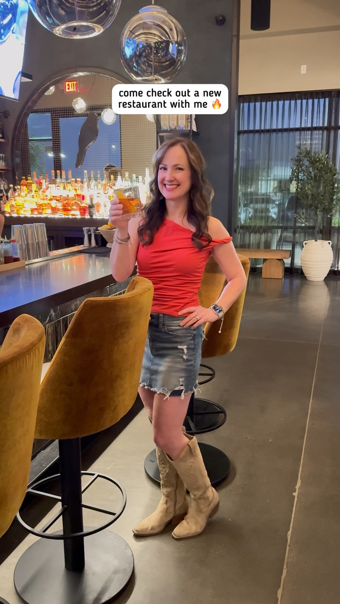 Date night outfit Jean skirt red asymmetrical off the shoulder tank top tan suede cowboy boots going out top Abercrombie target American Eagle urban outfitters Hollister Amazon Christmas Eve shirt 

#LTKShoeCrush #LTKBeauty #LTKStyleTip