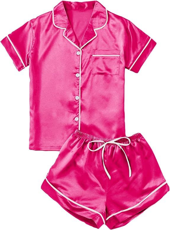 Verdusa Women's 2pc Satin Nightwear Button Front Sleepwear Short Sleeve Pajamas Set | Amazon (US)