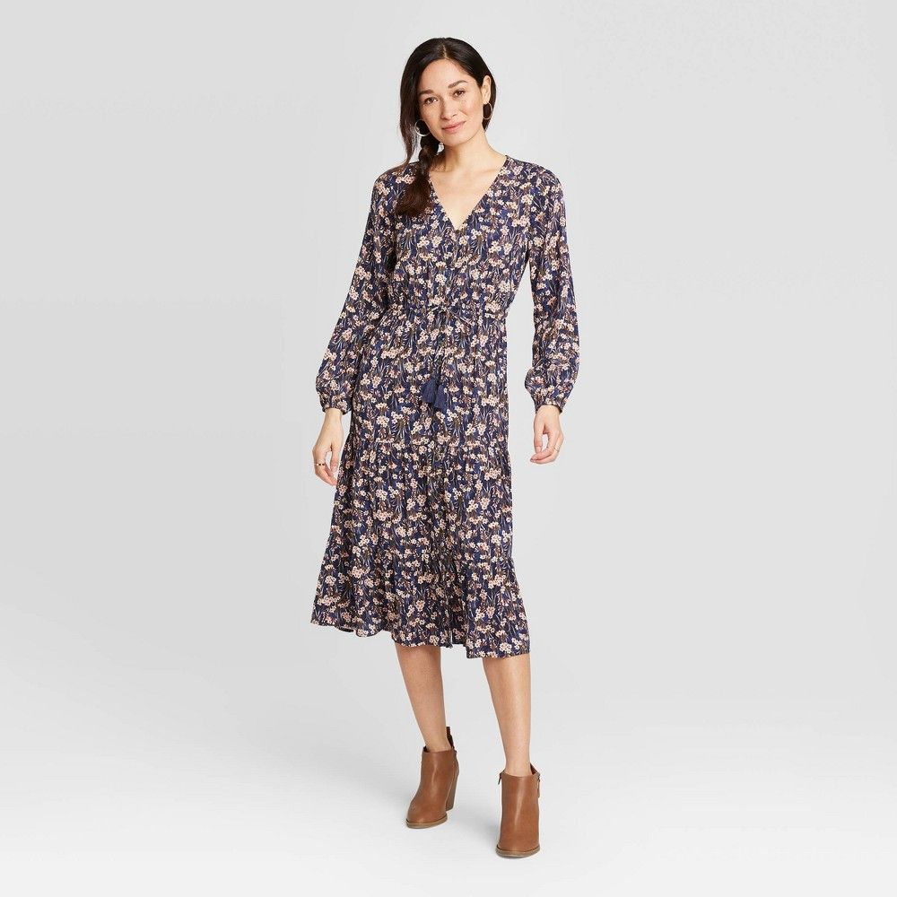 Women's Floral Print Long Sleeve Midi Dress - Knox Rose Navy XXL, Women's, Blue | Target