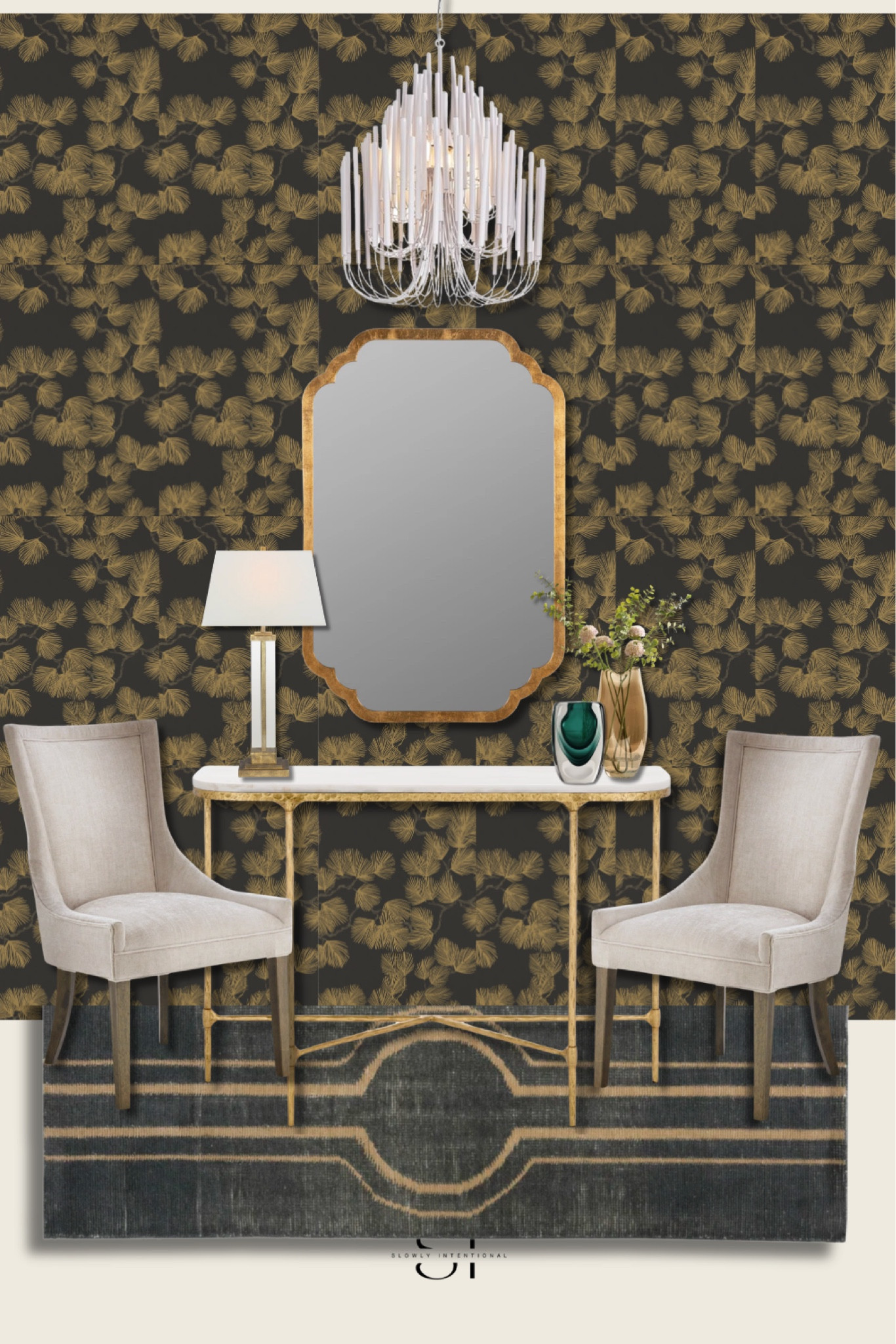 This sophisticated, moody entryway design is the epitome of luxe. Glam entryway, Gold console table, Moody wallpaper, Scalloped gold mirror, Transitional home decor, Marble table lamp, Neutral accent chairs, Modern chandelier, Foyer styling, Black and gold decor

#LTKHome
