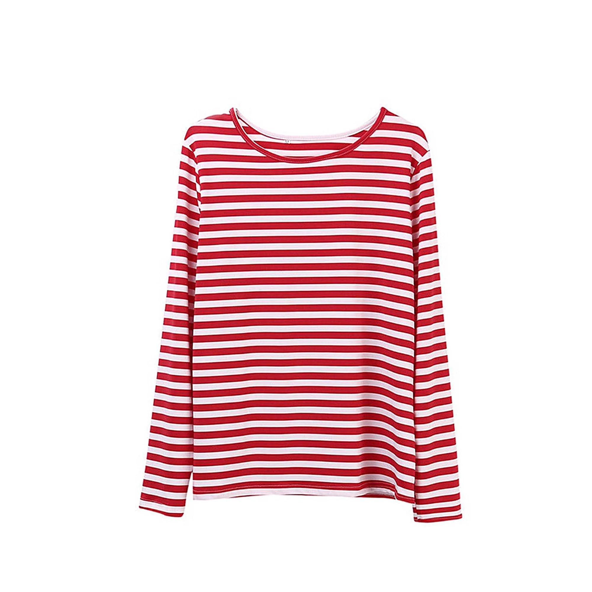 Inevnen Women Red White Striped Long Sleeve Casual Crewneck Tops Blouse Casual Stripe Tees Shirts | Walmart (US)