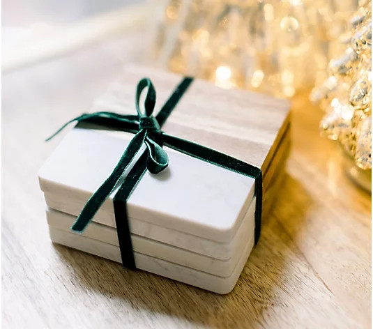 S/4 Acacia and Marble Coasters with Ribbon by Lauren McBride | QVC